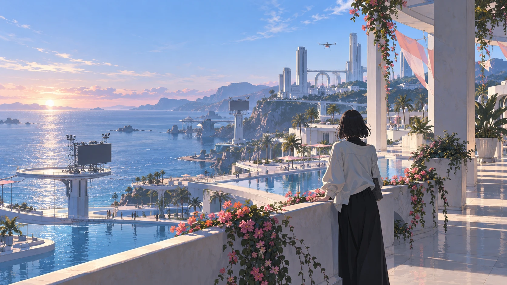 Concept illustration of a lone figure looking over a quiet seaside resort at dawn.